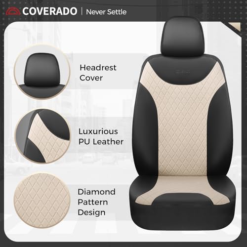 Image of Coverado Front and Back Seat Covers, 5-Pack Universal Seat Covers for Cars, Leather & Fabric Splicing Design Car Seat Protectors, Waterproof Seat Cushions Universal for Most Vehicles, Black & Beige