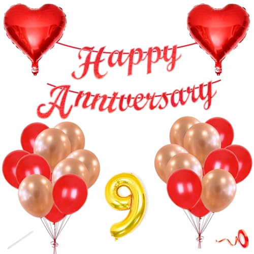 Image of Flyloons 9th Happy Anniversary Decoration Items Red Rose Gold for Men Women Husband Wife Mom Dad Parent Couple Home Bedroom Car With 20 Pcs Metallic Balloons Anniversary Banner 2 Pcs Heart Set Kit
