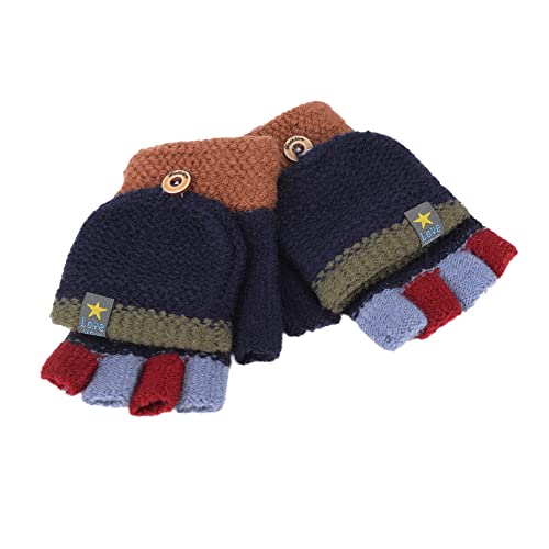 ShiyiUP Unisex Boys Girls Flip Top Gloves Warm Half Finger Stretchy Knit Gloves (navy)