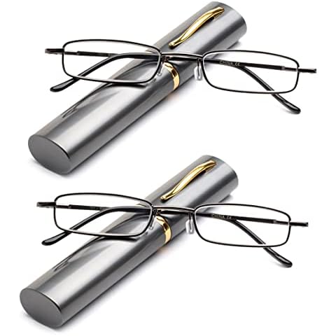 2 Packs "Pocket" Readers Ultra Compact Spring Temple Reading Glasses w/Portable Pocket Clip Aluminum Case Gunmetal +2.50 Cover