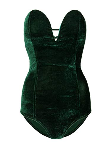Choies Women s Burgundy Black Sexy Plunge Neck Strapless Cross Back Velvet Bodysuit (Large, Green-New)