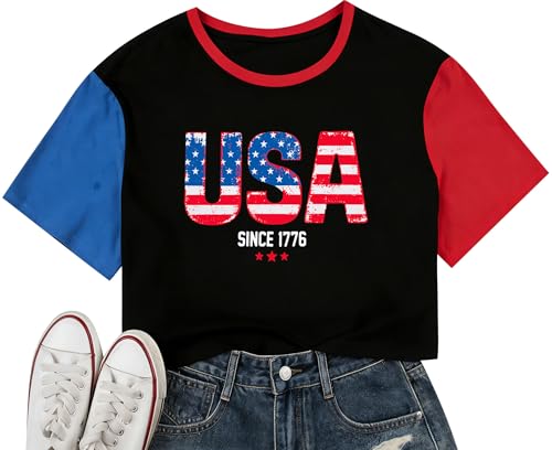 Image of MYHALF Women USA Flag 250th Patriotic 4th July Memorial Day Crop Shirt