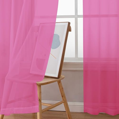Image of Simplebrand Rod Pocket Top Solid Voile Sheer Curtains for Bedroom, 54 Inch Length Drapes Set of 2, Lightweight and Light Filtering Elegant Hot Pink Curtains Panels Window Treatment, 42Wx54L, Hot Pink