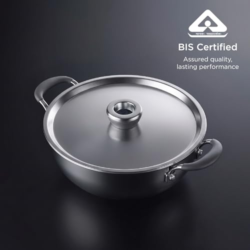 Image of Meyer Trivantage Pro Stainless Steel Triply Kadai | Steel Kadhai with Lid | Stainless Steel Cookware with Induction Base | 22cm /2.0L