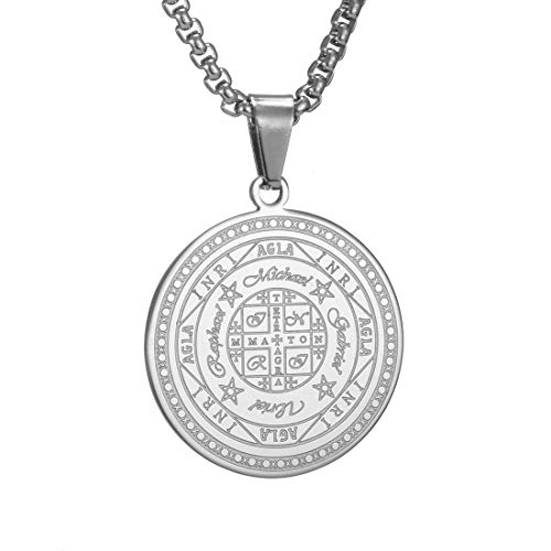 AFSTALR Collier Homme Talisman de Médaille Sceau des 7 Archanges pour Homme Femme Talisman de Salomon Amulette de Protection Magique argent D