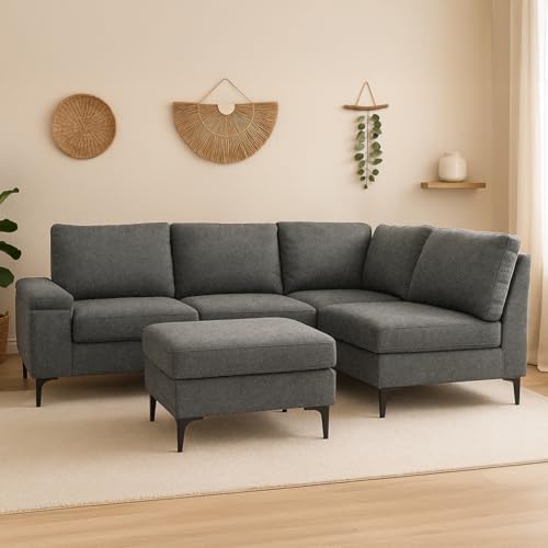 CONCEPT USINE | Canapé d’Angle 4/5 Places Colchester Gris Anthracite | Tissu Chenille Texturé | Pouf Indépendant Modulable | Confort Enveloppant | Assise...