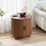 SUJOUCRAFT 24' End Table with Charging Station, Farmhouse Round Fluted Wood Night Stand, Mid-Century Large Side Table with Storage & Sliding Door for Living Room, Bedroom (Round, Walnut)