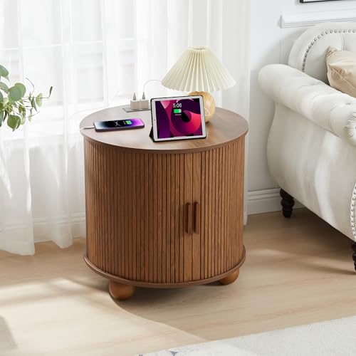 Image of SUJOUCRAFT 24" End Table with Charging Station, Farmhouse Round Fluted Wood Night Stand, Mid-Century Large Side Table with Storage & Sliding Door for Living Room, Bedroom (Round, Walnut)