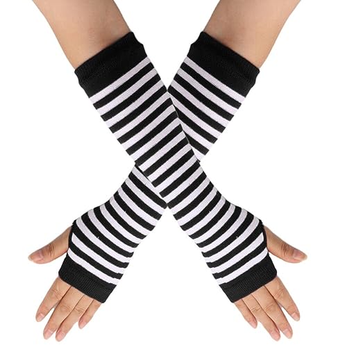 Guantes sin dedos para mujer, guantes largos a rayas sin dedos, 1 par de guantes cálidos de invierno, calentadores de pulso, calentadores de brazos, codos, guantes térmicos elásticos con orificio para