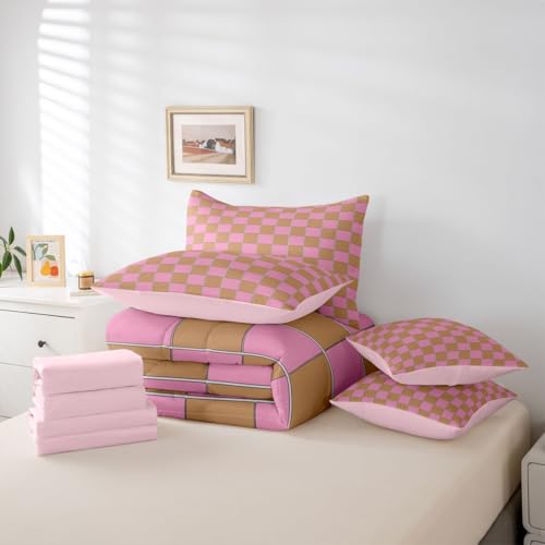 Image of Erosebridal Gaming Plaid King Bed in A Bag 7 Piece Geometric Checkered Comforter Set with Sheets Pink Brown Bedding Sets for Kids Adults,Cute Checkerboard Bed Set
