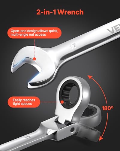 Image of VEVOR Flex-Head Ratcheting Wrench Set, 30-Piece SAE and Metric, 72 Teeth, Cr-V Steel Ratchet Flexible Combination Wrench Set with Roll Up Pouch, for General Household and Automotive Repairs, Silver
