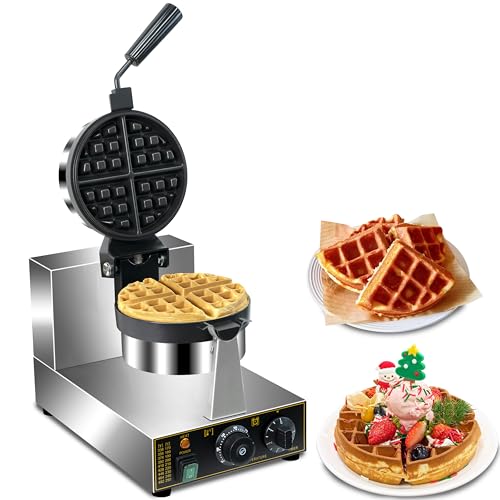 Commercial Waffle Maker, Professional Belgian Waffle Maker Round Waffle Iron Non-Stick 180° rotary Waffle Iron Machine With Temp and Time Control, for Restaurant Bakeries Kitchen Home 110V 1300W