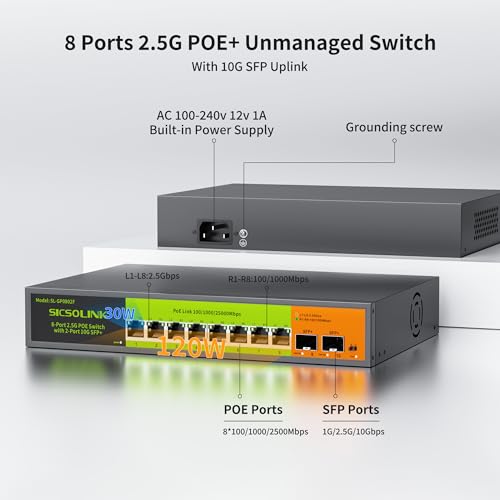 Image of 8-Port 2.5G PoE+ Switch with 2x10G SFP+ Uplink, 120W Unmanaged Ethernet Switch, IEEE 802.3af /at, Plug & Play for NAS, AP, Gaming PC - 6KV Lightning Protection, Metal Case, Silent Operation