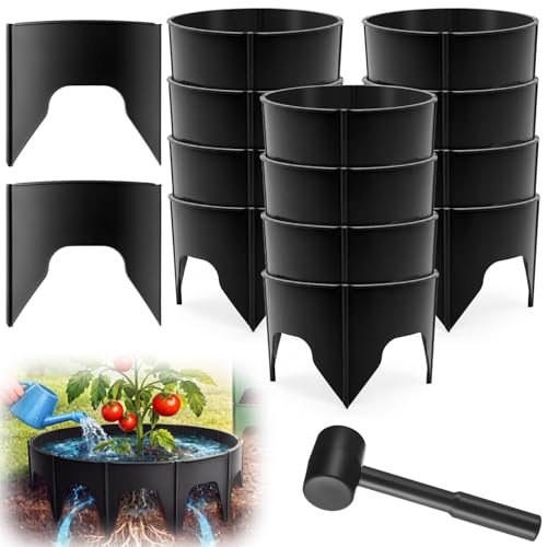Innconee 50 Pcs Planting Grow Rings Diameter Range 8.2-15.7 Inches Adjustable Interlocking Plant Support Rings with Mallet Reusable Tree Watering Ring for Garden Root Irrigation (Black)