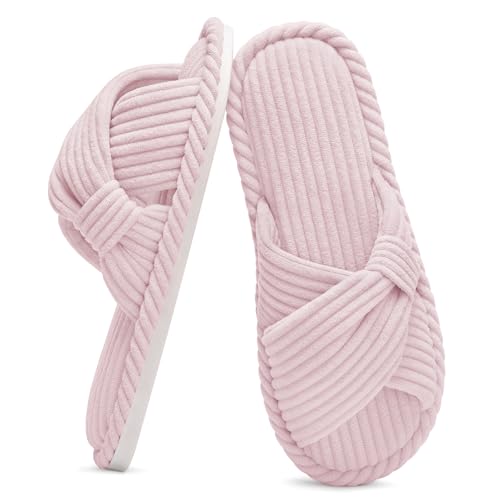 Image of Evshine Summer House Slippers for Women Corduroy Cross Bow Indoor Slippers Open Toe Slip On Bedroom Shoes with Memory Foam