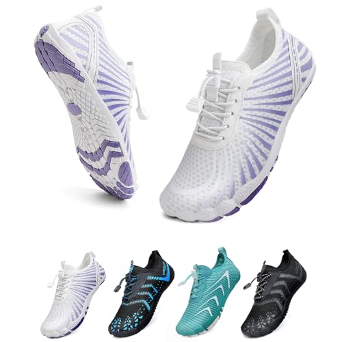 WateLves Zapatos Descalzos Todoterreno para Hombres Y Mujeres para Correr En El Agua para Nadar AcuáTicos Playa Transpirable Y Antideslizante(Blanco y Morado 38)