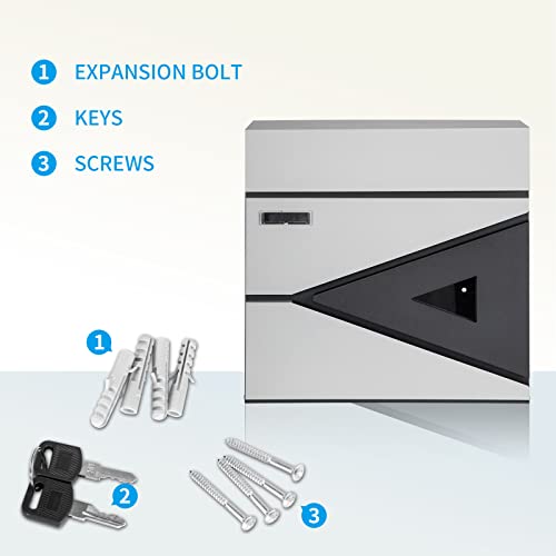 Image of Wall-Mount Mailbox for House Outside, Security Drop Box with Lock and Keys, Steel Metal Mail Box with Newspaper Compartment, 14.57 x 14.57 x 4.33 Inch, Grey & Black, MD039 X-Large
