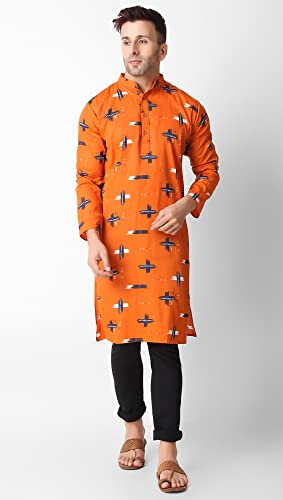 SKAVIJ Mens Printed Cotton Woven Indian Casual Kurta (Orange, Medium4