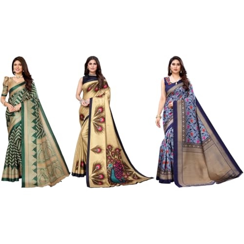 Image of Yashika Women's Sarees Women's Combo Art Silk Printed Saree With Unstitched Blouse Piece |saree for Women | saree combo | New Sari | Saree Pack Of 3