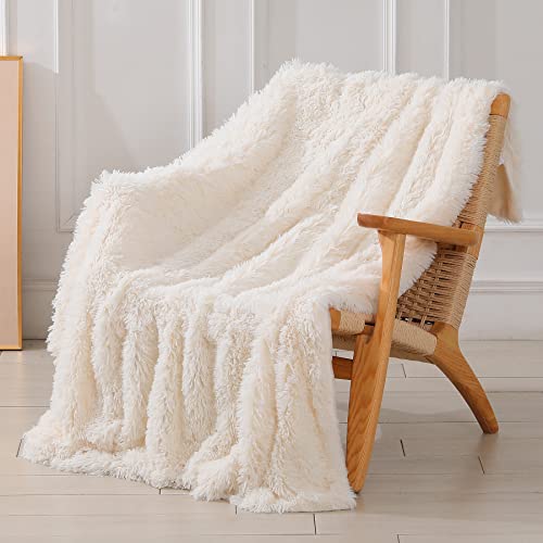 Tuddrom Decorative Extra Soft Fuzzy Faux Fur Throw Blanket 50″ x 60″,Solid Reversible Long Hair Shaggy Blanket,Fluffy Cozy Plush Comfy Microfiber Fleece Blankets for Couch Sofa Bedroom,Cream White