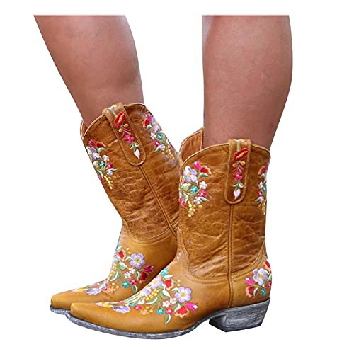 Briskorry Bestickte Stiefel Damen Bestickte Hohe Stiefel Damen Spitz Dicke Fersenstiefel Künstliche Pu Cowboystiefel Stiefeletten Freizeitschuhe Schlupfstiefel Sockenstiefel