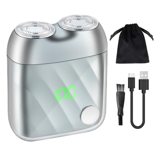 Mini Afeitadora Eléctrica Hombre, Maquinilla Afeitar Recargables 2 Cabezal, Afeitadora de Bolsillo Viaje, Húmedo y Seco, IPX6, Recortadora de Barba sin Cable, con Cable Type-C Bolsa y Cepillo (Plata)