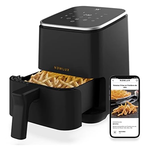 NEWLUX - Freidora sin Aceite 2l Air Power V20 (1200W) con 8 Programas y Panel LED Táctil. Freidora de Aire 2l (hasta 230℃) para 2 Personas, Fácil de Limpiar y con App de Recetas. Libre PFOA | Negro
