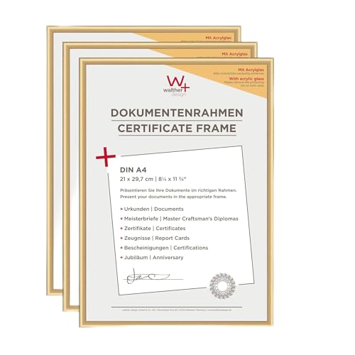 walther design Bilderrahmen gold 21 x 29,7 cm (DIN A4) mit Kunstglas 3er Pack, New Lifestyle Kunststoffrahmen KVX130G3 – Ansicht 1