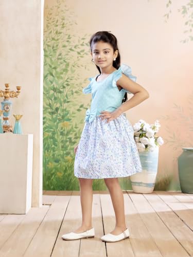 Image of Aarika Girls Casual Wear Firozi Colour Polka DotFloral Print Cotton Blend Frock