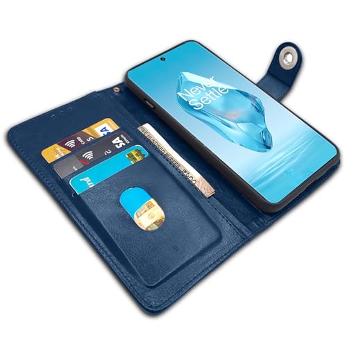 Image of Pikkme OnePlus 12R 5G Flip Cover Leather Finish | Inside TPU with Card Pockets | Wallet Stand and Shock Proof | Complete Protection Button Flip Case (Blue)