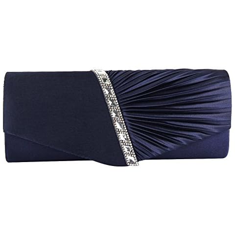 ele ELEOPTION Womens Pleated Satin Diamante Ladies Envelope Handbag Wedding Bridal Prom Handbag Clutch Bag Evening Party Purse Chain Bag (Navy Blue) Cover