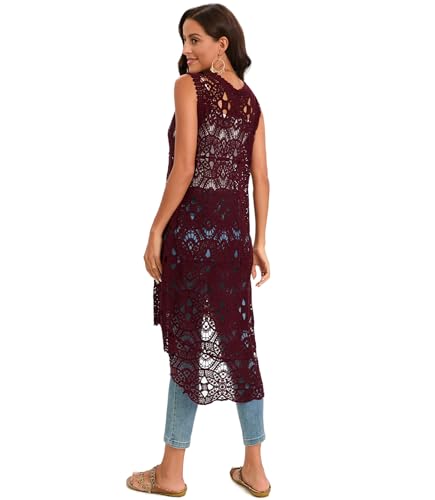GLEAMISS Women's Crochet Long Vest Sleeveless Lace Cardigan Hollow Out Kimino Cover Up2