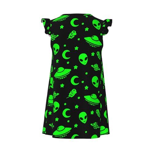 Flutter Sleeve Nightgown Pajama Gown Alien Spaceships Planet Green Easy Pull-On Sleepwear Nightdress2