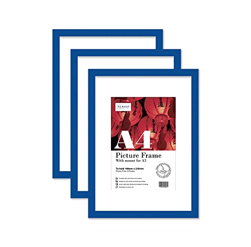 Almost Frameless A4 Blue Picture Frame Set of 3, Display A5 Pictures with Mount or A5 Without Mount Gallery Wall, Poster, Photo, Artwork, or Print, Blue