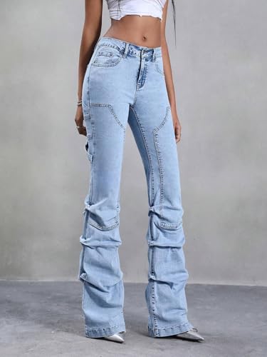 Women's Mid-Rise Jean Casual Pleated Denim Long Pants With Pockets 6