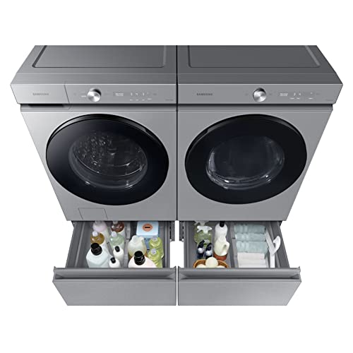 Samsung 27-Inch Bespoke Front Load Washer Dryer Pedestal Stand W/ Pull Out Laundry Storage Drawer, We502Nt, Silver Steel #TOP7