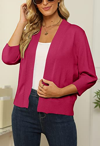 Image of Women's 3 /4 Sleeve Cropped Cardigan Sweater Open Front Short Shrugs Cardigans Lightweight Sweaters
