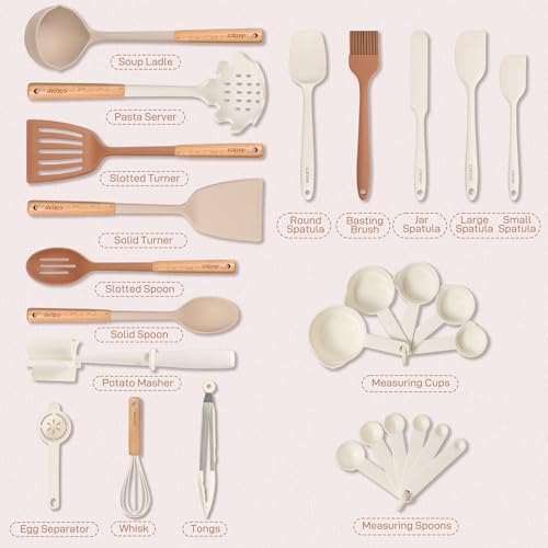 CAROTE Silicone Cooking Utensils Set, 26Pcs Kitchen Utensils Set with Wooden Handle, Kitchen Gadgets for Non-Stick Cookware, Heat Resistant Spatula Set, Large, Pink