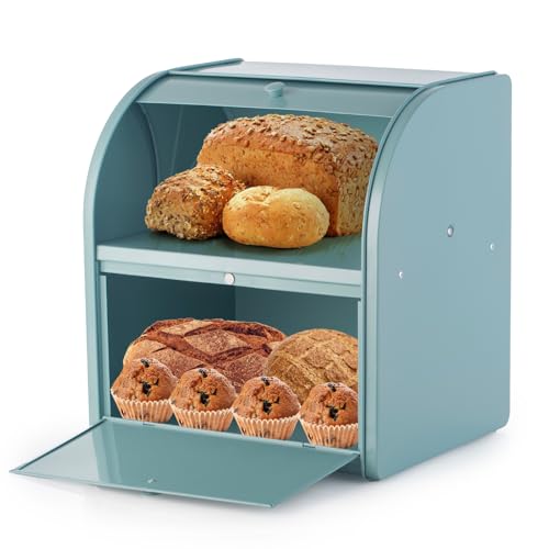 Esilihom Bread Bin, Bread Bins for Kitchen, 2-Layer | Large | Roll Top | 30 x 24.5 x 32.5cm, Green - Cosy Home Interiors Esilihom Bread Bin, Bread Bins for Kitchen, 2-Layer | Large | Roll Top | 30 x 24.5 x 32.5cm, Green
