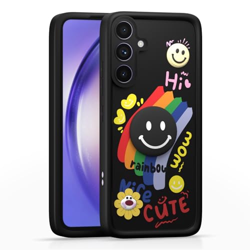 Image of Pikkme Back Cover for Samsung Galaxy A54 5G | Soft Silicone| Cute Rainbow Smile & 3D Cartoon Flower Design | Shockproof Raised Camera Protection Bumper Case (Black)