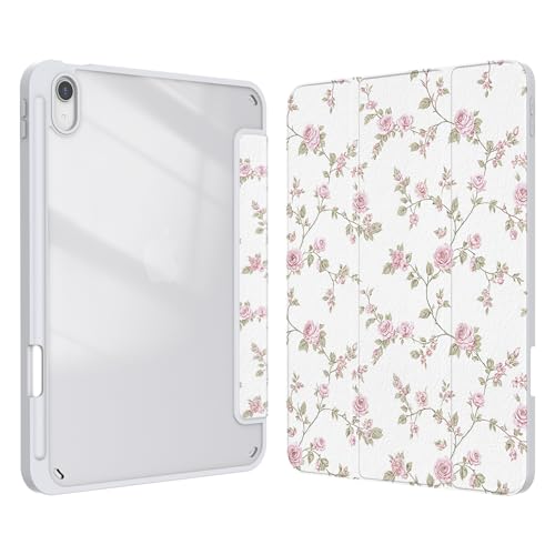 Xkladz Case for iPad (A16) 11th Generation (2025) 11 inch iPad 10th Generation (2022) 10.9 inch Case with Pencil Holder Clear Back Cover Cute Design for Women Girl Auto Sleep/Wake Pink Flower
