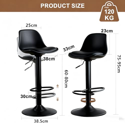 كراسي بار عصرية دوارة قابلة للتعديل، كراسي الافطار مع ظهر ومسند للقدمين، كراسي طعام للبار والمطبخ وغرفة الطعام - اسود