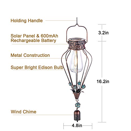 Hanging Solar Lantern Lights Outdoor Decorative for Garden Yard Patio Porch. Garden Decor Solar Powered, with Wind Chime & Filament Bulb