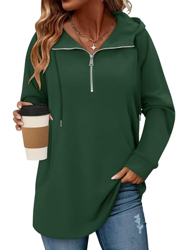 onlypuff Women Hoodie Pullover Trendy Quarter Zipper Lapel Sweatshirts Drawstring Cute Hooded Tunic Tops with Side Pockets