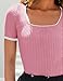ZESICA Women's Short Sleeve Square Neck Color Block T Shirt 2026 Summer Slim Fit Ribbed Knit Basic Tee Tops,Pink,Large