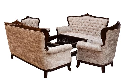 Image of Wooden 8 Seater Sofa Set with Coffee Table | 3+3+1+1 Solid Wood Sofa Set with Cushioning | Traditional Design Furniture for Living Room, Home, Office