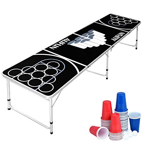 Aufun Beer Pong Set de table avec 100 gobelets (50 rouges et 50 bleues), 5 balles, table de pong de qualité supérieure réglable en hauteur en aluminium et...