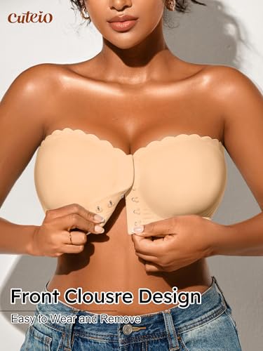 Image of Strapless Bras for Women, XS-XL, Front Closure Anti-Slip Comfortable Bandeau Top, Wavy Edge Padded Bra