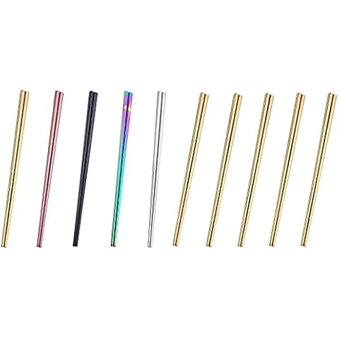 Dtdepth Stainless Steel Chopsticks - 5 Pairs Gold Reusable Dishwasher Safe Chopsticks, 304 Stainless Steel, Easy to Use, Bundle Set 5 Pairs Gold+5 Pairs Multicolor Cover