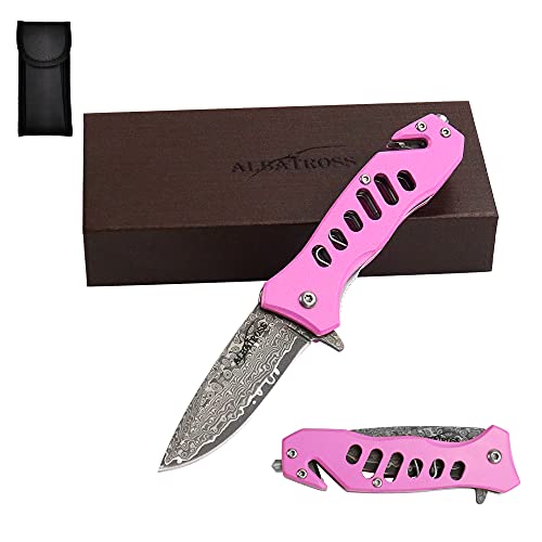 ALBATROSS EDC Cool Tactical Folding Pocket Knife with Modern Damascus Steel Blade, SpeedSafe Spring Assisted Opening Knifes with Liner Lock,Pocketclip,Glass Breaker,Seatbelt Cutter, Gifts Box (Pink)